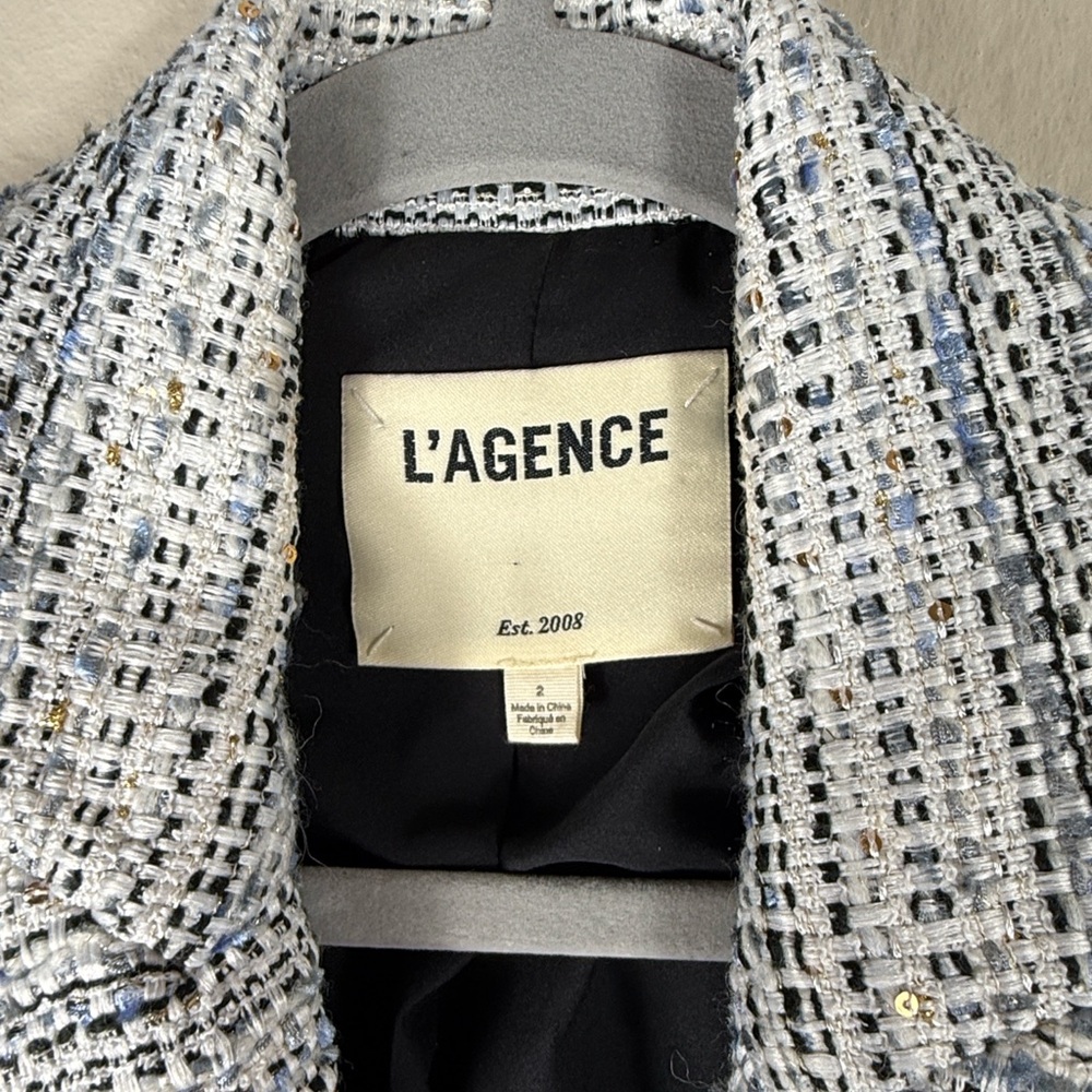 L’AGENCE Kenzie Tweed Double Breasted Blazer Blue Ivory Silver - Picture 5 of 8